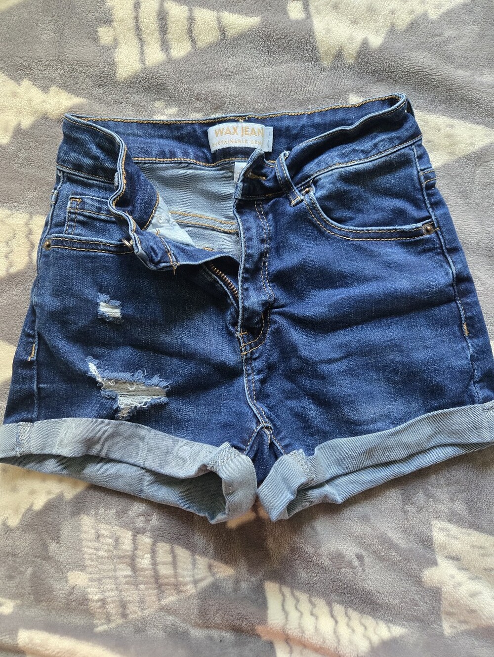 Wax Jean Women's Blue Rolled Hem Distressed Denim Shorts